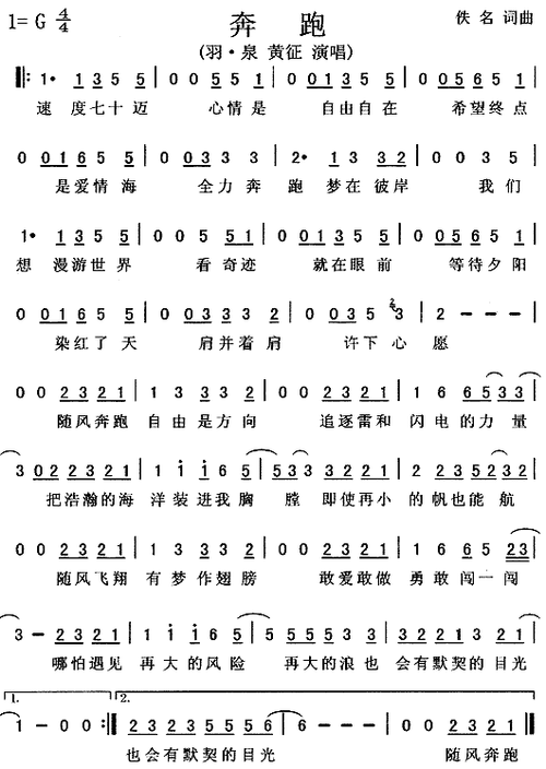 奔跑简谱歌谱 下载