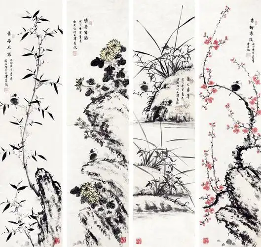 04782010年作梅兰竹菊四条屏镜心设色纸本