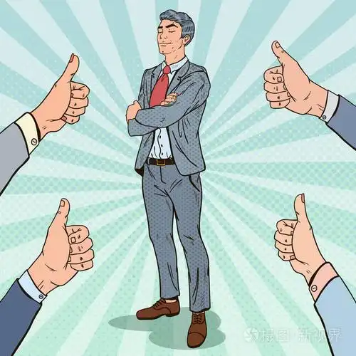 波普艺术自信的商人和手现身竖起大拇指.矢量图