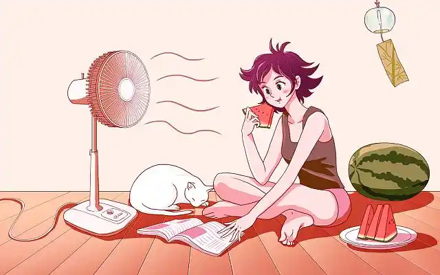 吹电扇吃西瓜看杂志清凉过酷暑jpg图片大暑节气炎热