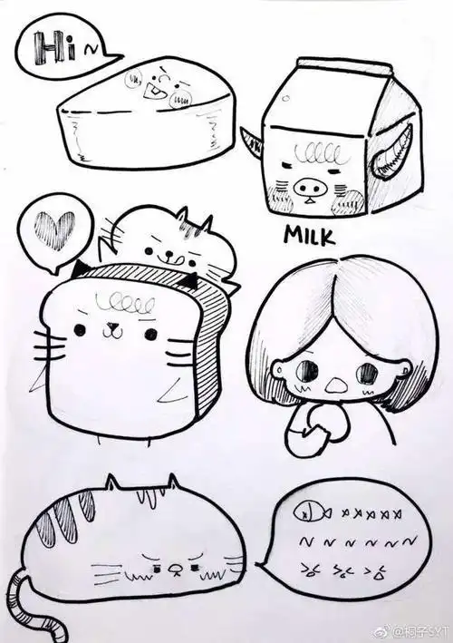 绘画参考一只笔就能搞定的可爱黑白简笔画手账必备