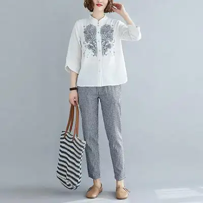 春夏大码时尚棉麻套装女装文艺刺绣衬衫上衣格子哈伦裤休闲两件套