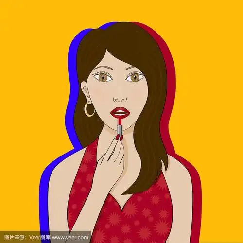 女孩用红色唇膏涂她的嘴唇