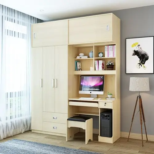 电脑台式桌带衣柜加书柜书架组合儿童学习写字台一体连体书桌柜