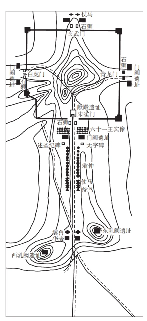 图六  唐乾陵平面示意图(采自刘毅:《中国古代陵墓》第99页,南开大学
