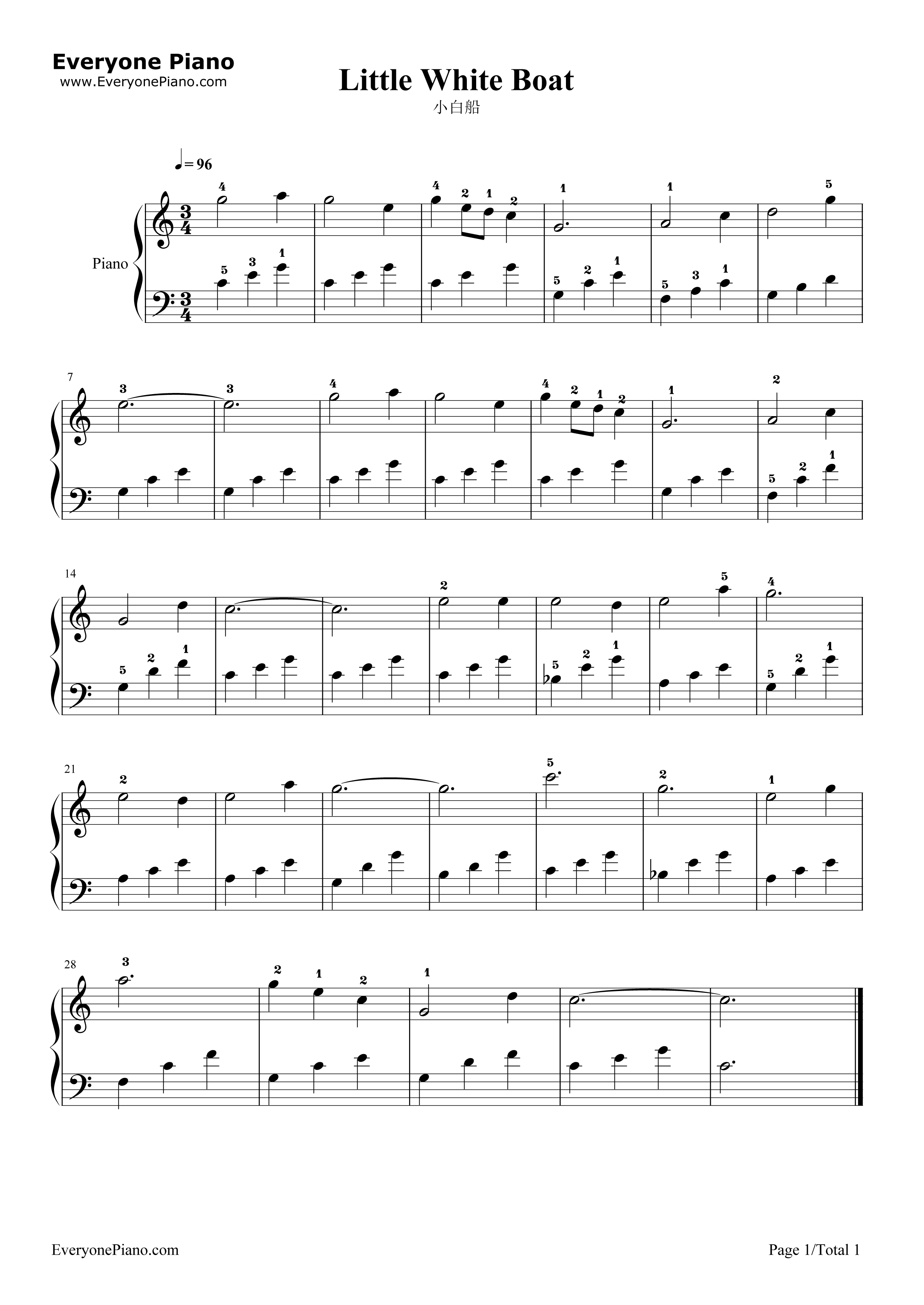 小白船五线谱预览1-钢琴谱文件(五线谱,双手简谱,数字谱,midi,pdf)