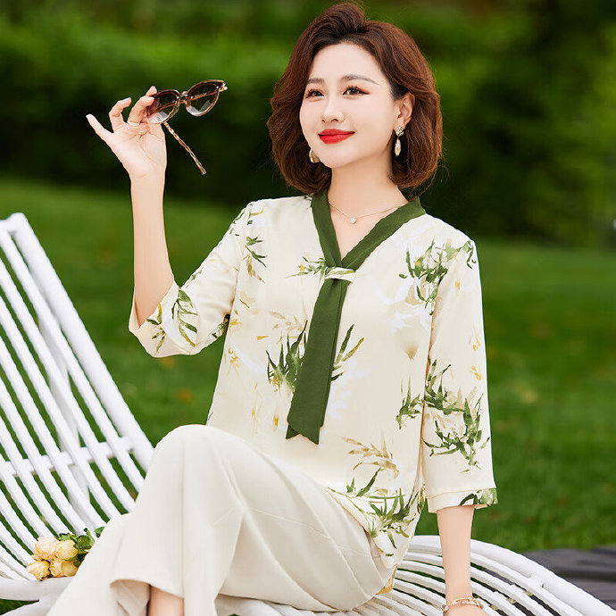 暮恋慈中年妈妈夏季时尚t恤2024新款中老年女夏装短袖薄款小衫洋气